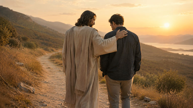 Jésus accompagne et console une personne.