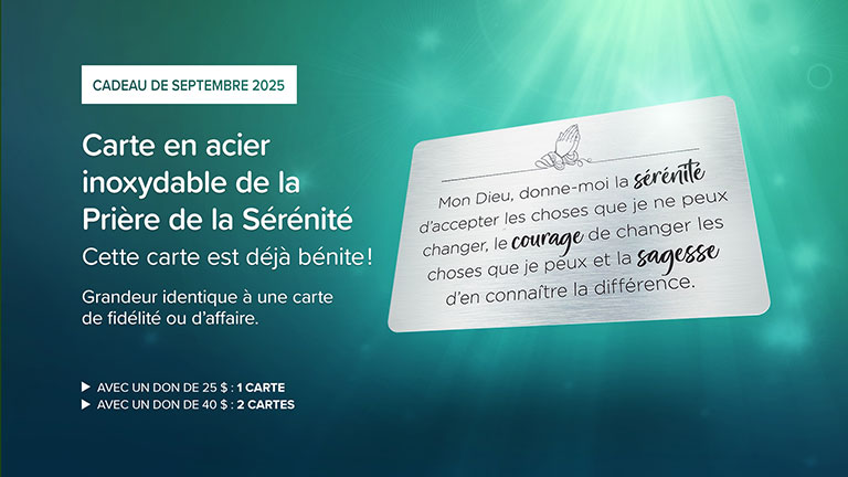 Carte en acier inoxydable de la Prière de la Sérénité. Cette carte est déjà bénite! Sa grandeur est identique à une carte de fidélité ou d’affaire.